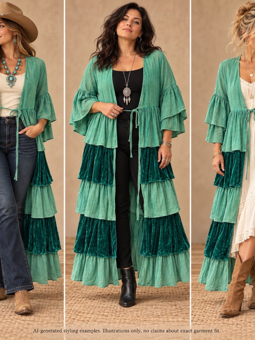 A Rare Bird Green Velvet Tiered Ruffle Maxi Duster